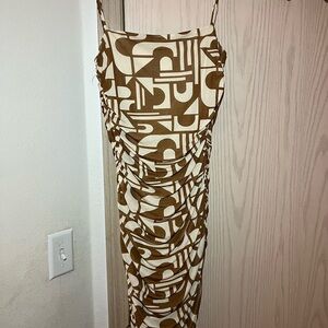privy Brown and Cream Abstract Ruched Midi Slip Dress